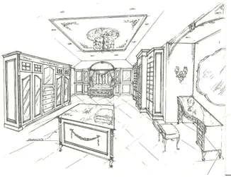 Hand-drawn custom vanity and dressing room design sketch
