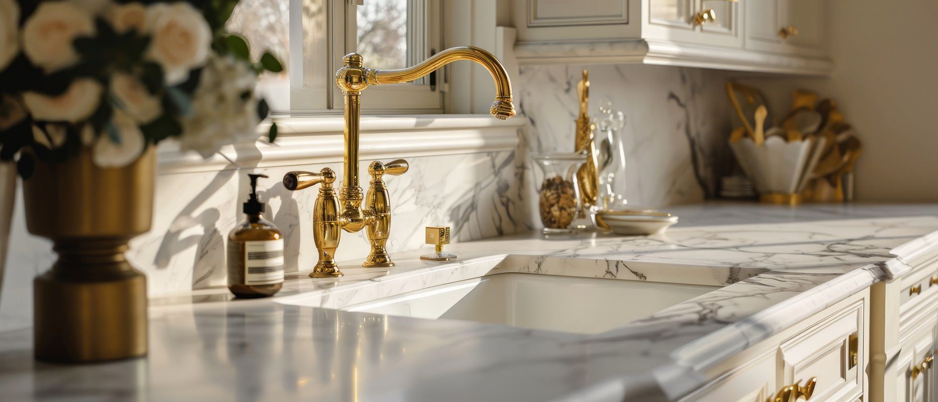Gold bridge faucet over an undermount sink on a marble countertop